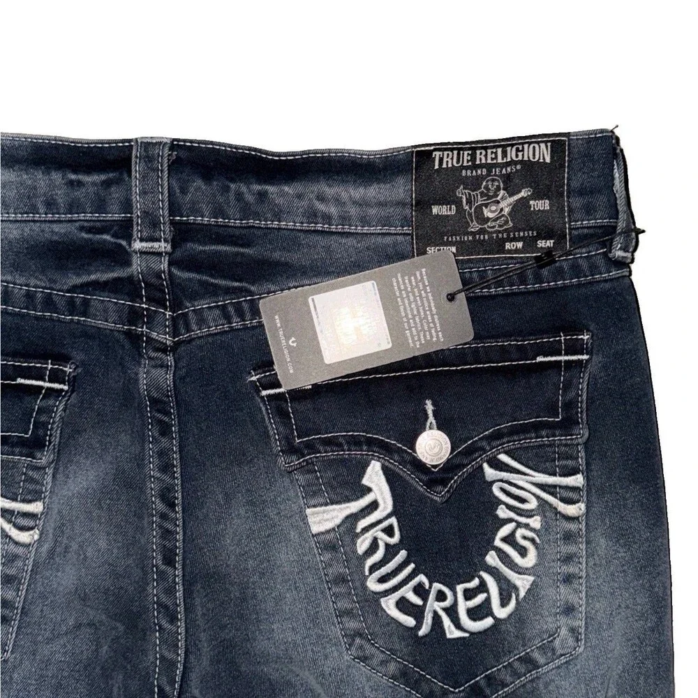 True Religion Embroidered Back Flap Pockets Straight Sz 38x34 Dark Blue Denim